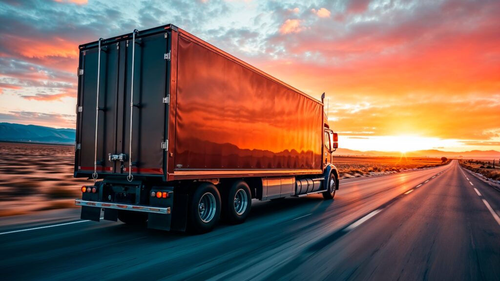 Red semi-truck driving down an open highway at sunset — logistics, freight transport, TruckWise Logistics.