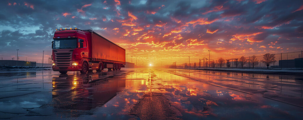 Red semi-truck driving along a wet highway at sunset, logistics transportation scene.
