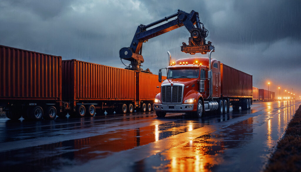 truck loading containers rain night
